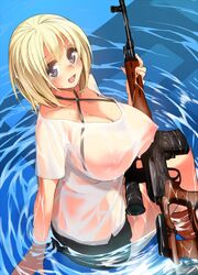 blonde_hair blue_eyes blush breasts bullpup cleavage criss-cross_halter dragunov_svd erect_nipples female firearm gen_(black_factory) gun halter_top halterneck highres huge_breasts jpeg_artifacts large_breasts looking_at_viewer looking_back miniskirt nipples open_mouth original rifle see-through see-through_silhouette short_hair sitting skirt smile sniper_rifle solo suppressor svd water weapon wet wet_clothes