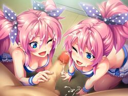 1boy 2girls blue_eyes cleavage cum facial fellatio female happy happy_face hoosaku human pink_hair whooosaku