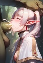 1boy 1girls ai_generated big_balls big_penis blowjob_face blush closed_eyes covered_in_cum cum cum_in_mouth cum_inside dai01 deepthroat elf elf_ears elf_female elf_girl erect_penis eyes_closed female forest_background frieren green_skin hand_on_head male oral_creampie orc orc_male pale-skinned_female sousou_no_frieren sucking sucking_penis