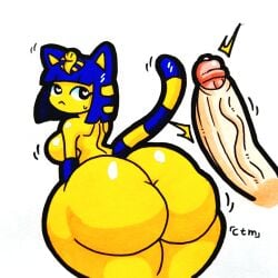 1:1 animal_crossing ankha ankha_(animal_crossing) anthro ass big_butt big_penis black_eyes blue_body blue_fur blue_hair bodily_fluids bottom_heavy breasts disembodied_penis domestic_cat egyptian_headdress eyelashes felid feline felis female fur genital_fluids genitals hair heart_eyes heart_symbol hi_res huge_butt huge_cock imminent_sex looking_back male male/female mammal markings mr.ctm mr_ctm nintendo nude penis precum rear_view short_hair simple_background solo striped_markings striped_tail stripes sweat sweatdrop tail tail_markings tan_body tan_skin thick_thighs vein veiny_penis white_background wide_hips yellow_body yellow_fur