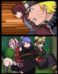 2boys 3girls bondage damsel_in_distress female gaara gagged human konan male multiple_boys multiple_girls naruto naruto_(series) oz-suka sakura_haruno temari tied_up uzumaki_naruto