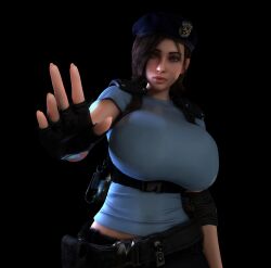 1girls 3d 3d_(artwork) asymmetrical_hair beret breasts_bigger_than_head clothed clothed_female female female_only female_solo fingerless_gloves gloves hair_over_one_eye hat huge_breasts human human_female human_only jill_valentine looking_at_viewer resident_evil resident_evil_3 solo solo_female top_heavy top_heavy_breasts vaako