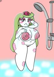 arms_up big_breasts brokenrekordbro chubby chubby_female female female_only flora_fauna green_eyes hair humanoid looking_at_viewer pokémon_(species) pokemon pussy shower soap tagme thick_thighs tsareena water