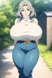ai_generated belt big_breasts blurry_background brown_eyes detailed_background ear_piercing female female_focus female_only gilf grandmother grey_hair huge_breasts jeans mature_female pale-skinned_female smile solo solo_focus tight_clothing ultrahentaisai vegetation