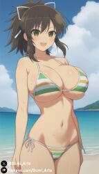 ai_generated asuka_(senran_kagura) beach bikini brown_hair cleavage covered_nipples gumi_arts hair_ribbon hazel_eyes huge_breasts navel open_mouth outdoors ponytail senran_kagura senran_kagura_(series) smile solo stable_diffusion striped_bikini tight_clothing