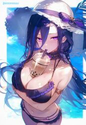 ai_generated between_breasts bikini breast_hold breasts bubble_tea bubble_tea_challenge busty cleavage clorinde_(genshin_impact) drink drinking genshin_impact hat purple_eyes purple_hair stable_diffusion swimwear