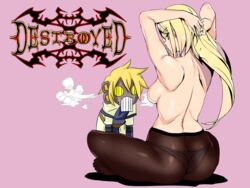 ass black_legwear blonde_hair breasts guilty_gear long_hair millia_rage panties robo-ky sideboob sitting third-party_edit topless traced