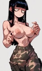 1girls ai_generated alise_(kosine1777) black_hair blunt_bangs camo camo_clothing camo_pants kosine1777 large_breasts long_hair muscular nipples original original_character topless