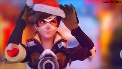 2girls 3d animated brown_hair cakeofcakes cleavage female female_only goggles kissing long_hair no_sound overwatch ponytail purple_hair santa_hat tied_hair tracer video wholesome widowmaker yuri
