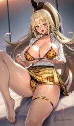 1girls bikini blonde_hair breasts cleavage clothed cuboon female goddess_of_victory:_nikke green_eyes gyaru large_breasts long_hair naughty_face rupee_(nikke) school_uniform short_skirt skirt smile tan tan-skinned_female tanned_skin thick_thighs tomboy