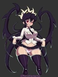 black_hair filia_(skullgirls) looking_at_viewer miniskirt navel one_eye_closed panties red_eyes samson_(skullgirls) skirt skirt_lift skullgirls standing tagme thighhighs thighs white_panties wink