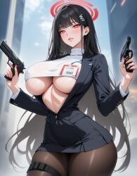 1girls ai_generated blazer blue_archive dark_hair firearm gun huge_breasts lewdwaifulaifu long_hair looking_at_viewer millennium_science_school_student pistol red_eyes rio_(blue_archive) seminar_(blue_archive) slim_waist thick_thighs thighs tsukatsuki_rio underboob weapon wide_hips