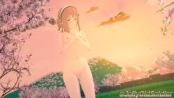 1girls 3d bangs bare_arms bare_midriff bare_shoulders bare_thighs breasts cherry_blossoms completely_nude female female_only fire_emblem fire_emblem_fates hairband jollyoldsoldier midriff mountain nintendo nipples nude nude_female open_mouth outdoors own_hands_together pussy red_eyes red_hair sakura_(fire_emblem) short_hair shoulders small_breasts solo sunset thighs tree