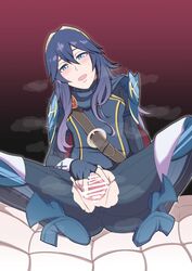 1girls armor bar_censor belt blue_eyes blue_hair blush cape censored crotch_cutout female female_only fingerless_gloves fire_emblem fire_emblem_awakening gloves human lucina_(fire_emblem) nintendo open_mouth pauldrons pussy solo spread_legs spread_pussy sweat tiara torn_clothes umayahara0130