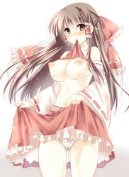 amane_ruri blush bow breasts brown_eyes brown_hair detached_sleeves female hair_tubes hairbow highres mouth_hold navel nipples no_bra panties puffy_nipples red_eyes reimu_hakurei shirt_lift skirt skirt_lift solo touhou type_(artist) underwear upskirt white_panties