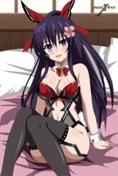 bed breasts date_a_live female female_only garter_straps indexryo light-skinned_female lingerie long_hair purple_eyes purple_hair solo solo_female stockings thighs yatogami_tohka