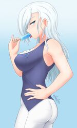 artist_name bangs blue_eyes clothed cslucaris dripping female food gradient_background hand_on_hip ice_cream large_breasts one_eye_covered popsicle rwby sexually_suggestive side_eye solo sucking suggestive sweat tongue_out white_hair winter_schnee