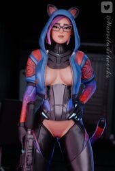 cat_ears fortnite fortnite:_battle_royale glasses green_eyes holding_weapon lynx_(fortnite) pink_hair pussy_hair standing tail warsitoarts