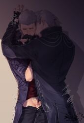 2boys arm_around_waist blue_jacket blush clenched_hand clothed clothed_sex cum_on_pussy cuntboy cuntboy/male cuntboy_penetrated devil_may_cry father_and_son flushed_face gay hand_on_hip hand_on_wall hip_thrusting incest intersex male_only nero_(devil_may_cry) older_penetrating_younger red_shirt shadows short_hair standing_sex thigh_sex thighjob thighs_together twitch_lines twitching vaginal_fluids vaginal_juices vaginal_penetration vergil white_hair yaoi