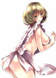 amane_ruri apron ass blue_eyes breasts brown_hair female green_eyes heterochromia idolmaster idolmaster_cinderella_girls naked_apron nipple_slip nipples short_hair sideboob simple_background solo takagaki_kaede