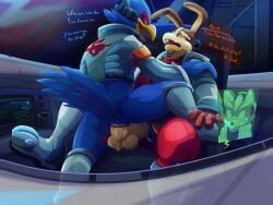 2024 4:3 absurd_res anthro anthro_on_anthro anthro_penetrated anthro_penetrating anthro_penetrating_anthro anthro_penetrating_male avian balls beak being_watched biped bird blue_body blue_feathers blush bottomless canid canine clothed clothing colored dialogue dialogue_box duo_focus english_text erection falco_lombardi feathers fox fox_mccloud furry_balls gay gay_sex genitals green_eyes group hi_res humanoid_genitalia humanoid_penis lagomorph leporid looking_at_another looking_pleasured male male/male male_penetrated male_penetrating male_penetrating_anthro male_penetrating_male mammal mythil_flower nintendo open_mouth penetration penile penile_penetration penis penis_in_slit peppy_hare rabbit red_eyes sex shirt slit_penetration slit_play speech_bubble star_fox text topwear trio