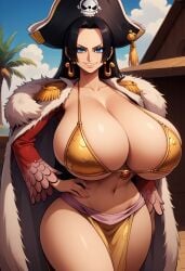 ai_generated awesomeness98778 beach big_breasts bikini black_hair blue_eyes boa_hancock breasts_bigger_than_head cape civitai clothing coat corruption evil_grin female female_only fur_coat gold_bikini hat hourglass_figure huge_ass huge_breasts looking_at_viewer navel one_piece perfect_body pirate pirate_hat slim_waist smile smirk villainess wide_hips yellow_bikini