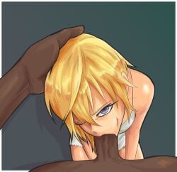 adult_and_teenager aima_zero angry_face black_penis blonde_hair blowjob blue_eyes dark-skinned_male fellatio female holding_head interracial kingdom_hearts namine pov sundress