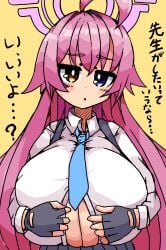 1girls alternate_breast_size blue_archive blue_eyes blush breasts cleavage clothing female female_only halo heterochromia hoshino_(blue_archive) huge_breasts japanese_text looking_at_viewer open_shirt pink_hair simple_background solo sukoburukurage yellow_background yellow_eyes