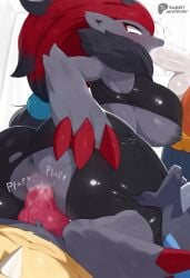 absurd_res anthro anus ass big_breasts blush breasts canid canine cinderace clothing digital_media_(artwork) female female_zoroark fur generation_4_pokemon generation_5_pokemon generation_8_pokemon genitals group group_sex hair hi_res lagomorph lucario male male/female male_cinderace male_lucario mammal nintendo nipples penis pokemon pokemon_(species) pussy rabbitadvisory sex simple_background text thick_thighs threesome white_body zoroark