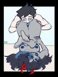 1boy 1girls amputee black_hair blue_nipples breasts closed_eyes cunnilingus feet glasses hair homestuck horns john_egbert male/female mouth_open nipples pleasure_face pubic_hair pussy pussy_juice scar simple_background swuswi vriska_serket