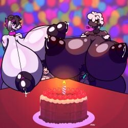 2020s 2023 2boys2girls 2d 2d_(artwork) big_breasts birthday birthday_cake black_hair boob_hat breasts breasts_on_head cake collar dolly_(jiqqy) fur furry goat goat_horns hi_res highres hyper hyper_breasts hyper_nipples jiqqy justin_(chin_jhin) lactating lactation large_breasts male male/female massive_breasts milk nila_(zak_hitsuji) nude nude_female nude_male original original_characters pokemon pokemon_(species) purple_eyes sheep sling_bikini smile smiling tai_(zak_hitsuji) tongue tongue_out white_hair wolf wolf_boy wolf_ears wooloo yellow_eyes zak_(zak_hitsuji)