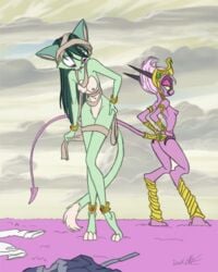 2016 anklet anthro bracelet breasts clothing david_lillie digitigrade dreamkeepers duo edit feline female fur green_fur green_hair hair jewelry lilith_calah long_tail mammal mostly_nude namah_calah navel nipples nude pink_hair pussy sideboob small_breasts spade_tail t_zulu