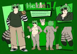 absurd_res anthro blep english_text eyewear felid feline fur glasses green_hair hair hebleh hi_res magnetiorchid male mammal model_sheet multi_tail pallas's_cat pawpads striped_body striped_fur stripes sunglasses tail text tongue tongue_out