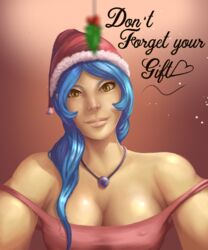 1girls bare_shoulders big_breasts blackknight23 blue_hair breasts christmas cleavage clestia erect_nipples eyelashes female_only hat heart human long_hair looking_at_viewer necklace red_hat santa_hat shirt simple_background solo tank_top text yellow_eyes