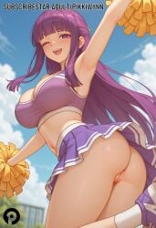 ;d ai_generated arm_up armpits ass bangs bare_shoulders blue_sky blunt_bangs blush breasts cheerleader cleavage cleft_of_venus cloud crop_top day female fern_(sousou_no_frieren) holding holding_pom_poms large_breasts long_hair looking_at_viewer midriff navel no_panties one_eye_closed open_mouth outdoors pikkiwynn pleated_skirt pom_pom_(cheerleading) purple_eyes purple_footwear purple_hair purple_skirt pussy shoes skirt sky smile sneakers socks solo sousou_no_frieren stomach teeth thighs upper_teeth_only very_long_hair white_socks