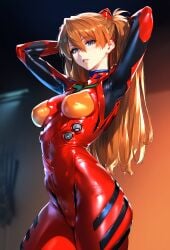 ai_generated arms_up asuka_langley_sohryu blue_eyes bodysuit cameltoe hair_ornament long_hair neon_genesis_evangelion orange_hair sayuai twintails