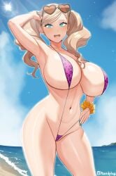 1girls alternate_breast_size ann_takamaki atlus beach blonde_hair blue_eyes breasts cognitive_ann exhibitionism female handplug huge_breasts light-skinned_female light_skin long_hair naughty_face outdoors persona persona_5 sling_bikini swimsuit twintails