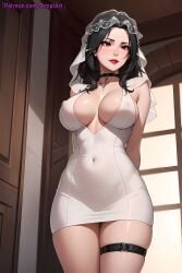 1girls ai_generated arms_behind_back black_hair boruto:_naruto_next_generations bride choker church cleavage collar curvaceous curvy curvy_body curvy_female curvy_figure erect_nipples erect_nipples_under_clothes female female_focus indoors kurenai_yuhi leg_strap legs_together light-skinned_female light_skin looking_at_viewer mature mature_female milf minidress nai_diffusion naruto naruto_(series) naruto_shippuden nipples no_bra oppai patreon_username pendant puffy_nipples red_eyes revealing_clothes shoulder_length_hair skimpy skimpy_clothes stable_diffusion standing temptart url veil voluptuous web_address wedding wedding_dress wedding_veil wide_hips yuuhi_kurenai