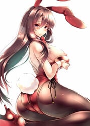 amane_ruri animal_ears ass black_legwear blush bow bowtie breast_hold breasts brown_eyes brown_hair bunny_ears bunny_tail bunnysuit detached_collar fake_animal_ears fake_tail female female high_heels large_breasts long_hair md5_mismatch nipples open_mouth original pantyhose simple_background sitting smile solo tail wariza white_background wrist_cuffs