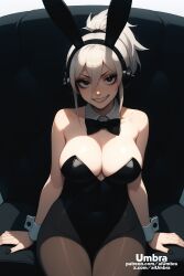 1girls ai_generated aiumbra animal_ears black_eyes bunny_costume bunnysuit goth goth_girl grin high_resolution highres horny naughty_face self_upload smile smug stable_diffusion thick_thighs white_hair