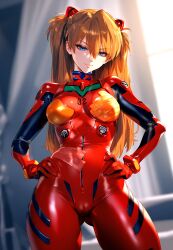 1girls ai_generated asuka_langley_sohryu blue_eyes bodysuit cameltoe long_hair naughty_face neon_genesis_evangelion orange_hair sayuai smug smug_face solo solo_female solo_focus standing