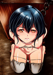 1boy arms_behind_back barefoot bent_knees blue_hair blush bondage bound_wrists breasts captured chained chains collar cum cum_in_mouth domination dungeon feet female fire_emblem fire_emblem_awakening forced highres morgan_(fire_emblem) morgan_(fire_emblem)_(female) nintendo nipples pov short_hair sitting solo_focus stocks straight tears tied_up uncensored wingr yellow_eyes