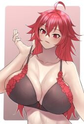 1girls ahoge bare_shoulders black_bra blush bow_bra bra breasts cleavage collarbone goddess_of_victory:_nikke hair_between_eyes hi_res huge_breasts ifnlew lace-trimmed_bra lace_trim long_hair nihilister_(nikke) portrait red_eyes red_hair sidelocks simple_background solo solo_female spiky_hair underwear