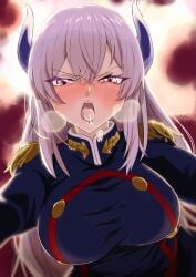 anti-demon_corps_uniform kissing large_breasts long_hair looking_at_viewer mato_seihei_no_slave pov red_eyes saliva_drip tongue tongue_out uniform uzen_kyouka white_hair yamada_otonari