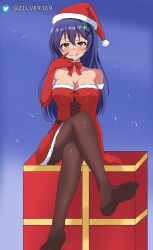 blue_hair breasts brown_eyes christmas_outfit clothed date_a_live female female_only gift itsuka_shiori light-skinned_female long_hair pantyhose santa_costume solo solo_female thighs zilver369