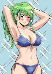 armpits arms_behind_head bikini blue_background blue_bikini blush breasts cleavage female frog_hair_ornament front-tie_bikini_top front-tie_top green_eyes green_hair hair_ornament hands_in_hair highres kochiya_sanae large_breasts long_hair looking_at_viewer navel one_eye_closed sanae_kochiya sen_(daydream_53) side-tie_bikini_bottom smile snake_hair_ornament solo sparkle_background standing stomach swimsuit touhou upper_body