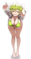 artist_request cleavage feet female green_eyes green_hair green_swimsuit happy hips izumo_tenka large_breasts legs mato_seihei_no_slave short_hair solo swimsuit yamada_otonari