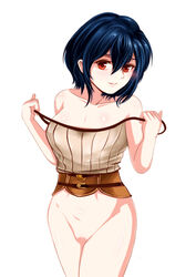 bad_censor blue_hair bottomless breasts censored covering covering_crotch female fire_emblem fire_emblem_awakening medium_breasts morgan_(fire_emblem) morgan_(fire_emblem)_(female) red_eyes short_hair wingr