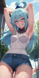 1girls ai_generated aqua_(konosuba) armpit armpit_fetish armpit_mouth armpits arms_behind_head arms_up background bare_shoulders blue_eyes blue_hair blue_shorts blush blushing_at_viewer booty_shorts bottom_view breasts breasts_visible_through_clothing choker clothed clothing cum cum_drip cum_dripping cum_on_armpit cum_on_armpits denim denim_shorts detailed_background doctork elbows female female_focus female_only from_below gritted_teeth hair hair_ornament hair_ribbon hair_ring happy happy_female jean_shorts kono_subarashii_sekai_ni_shukufuku_wo! leaking_cum light_blue_hair looking_down looking_down_at_viewer medium_breasts outdoors outside pov_eye_contact public purple_choker shorts shoulders smiling smiling_at_viewer sweat sweatdrop sweatdrops sweating sweaty sweaty_body tank_top thigh_gap viewed_from_below white_tank_top white_topwear