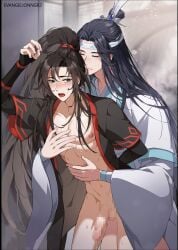 2boys artist_request bishonen black_hanfu censored chinese_clothing clothed_sex gay gay_sex hanfu head_piece headband lan_wangji long_hair_male male male_only mo_dao_zu_shi mosaic_censoring penis pixelated_penis precum stolen_art tongue_out very_long_hair wei_wuxian white_hanfu yaoi